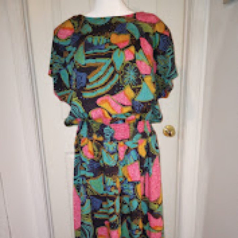 Vintage Retro 70s 80s Jean Leslie Tropical Floral Graphic print Midi Maxi dress